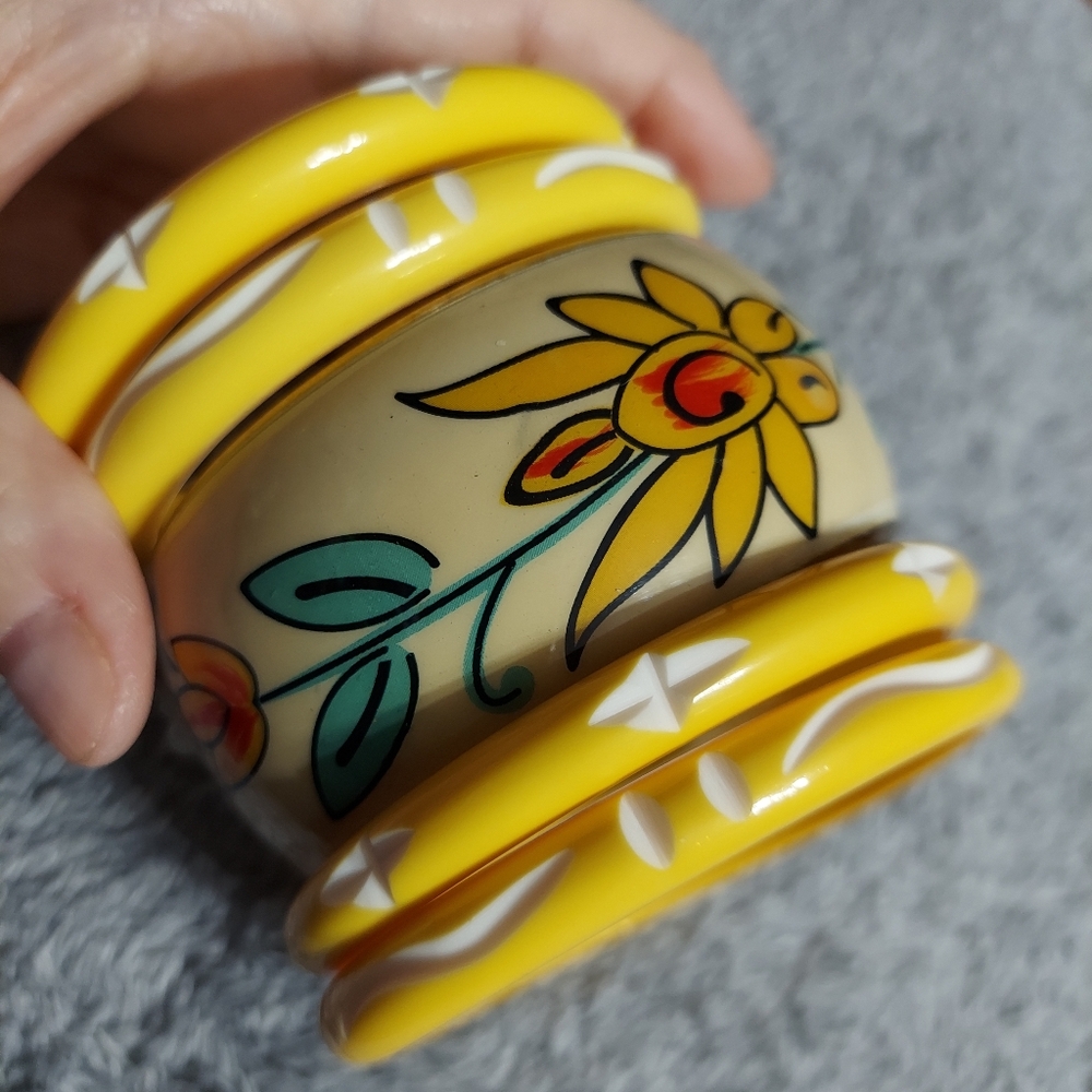 Fantasia Boho Style Painted/Carved Wood (Lemon Yellow Floral Festival)Set of 5…
